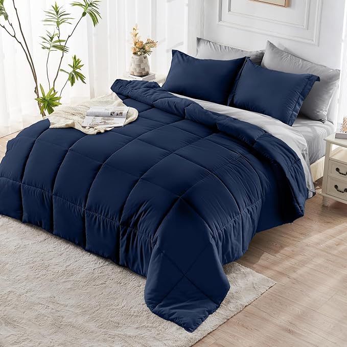 JOLLYVOGUE California King Comforter Set Ultra-Soft Cal King Size Comforter Sets 7-Piece Bed in a Bag Goose Down Alternative Oeko-TEX Certified Sheets &amp Pillowcases Navy Blue &amp Light Gre