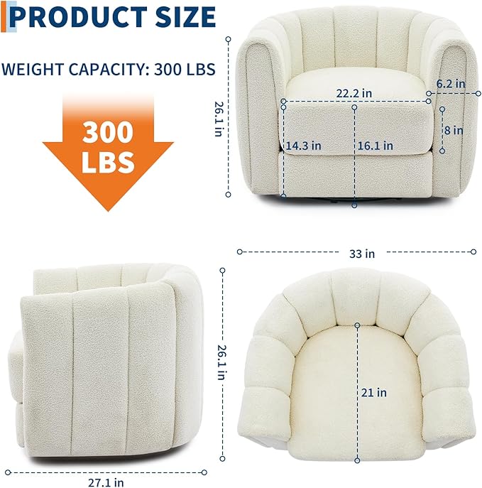 Swivel Barrel Chair - Velvet Upholstered Modern Armchair with Striped Backrest &amp Plush Padding Round Lounge Chair for Living Room Bedroom (Teddy Velvet | Beige (2 PCS))