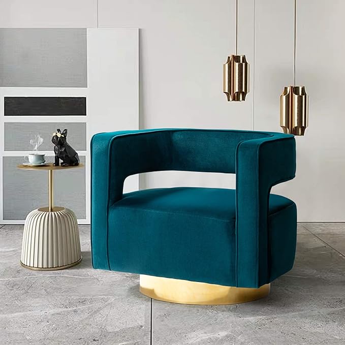 TINA'S HOME Swivel Accent Barrel Chair Modern Velvet Armchair with 3D Curved Open Back &amp Swivel Gold Metal Base Upholstered Club Chair for Living Room Bedroom Nursery Teal(No Assembly Required)