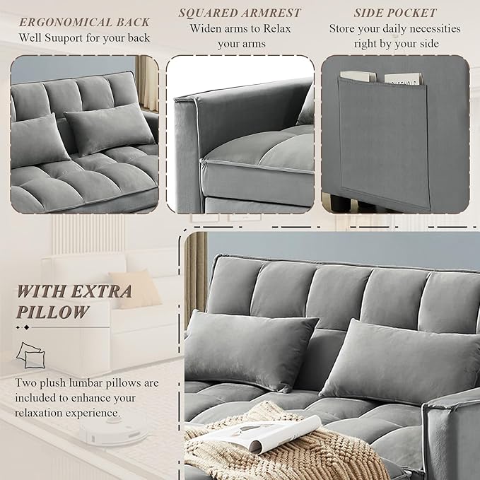 3 in 1 Convertible Sleeper Sofa Bed Futon Couches for Living Room with Side Pocket/Adjustable Backrest Velvet Upholstered Pull Out Couch Small Loveseat Sofa Bed for Bedroom Office Small Spaces