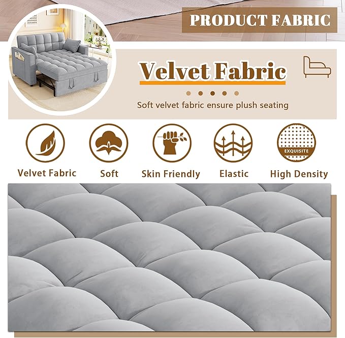 3 in 1 Convertible Sleeper Sofa Bed 52'' Velvet Pull Out Couch Bed with Comfy Pillows &amp Adjustable Backrest/Side PocketsFuton Loveseat Sleeper Sofa for Small Spaces Living Room Bedroom (Light Gr