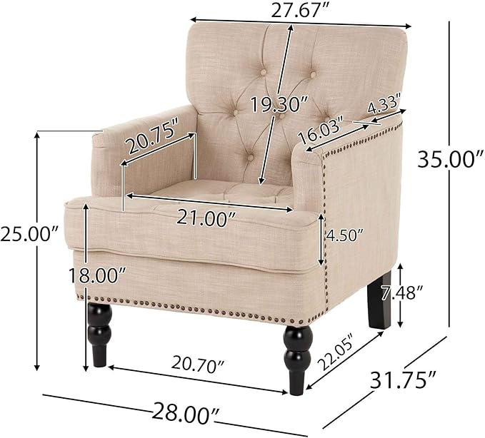VERYKE Accent ChairTufted High Back Single Sofa Chair with Naihead DesignUpholstered Chair with Arms and Cushion PaddedLiving Room Chair with Turned Legs for BedroomHome Office (Fabric Beige)