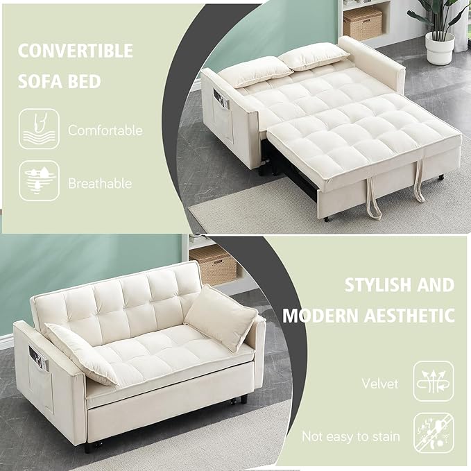 3 In 1 Velvet Convertible Sofa Bed Pull Out Couch Bed with Reclining Backrest And 2 Pillows 54 Full Size Loveseat Sleeper Sofa Futon Couch Bed Couches For Small Spaces Living Room (White)