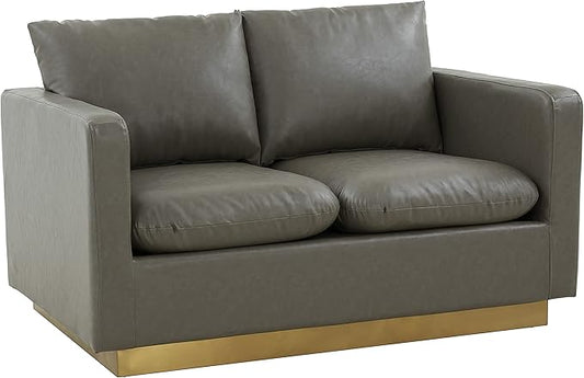 LeisureMod Nervo Modern Upholstered Leather Loveseat Sofa 2-Seater Living Room Couch with Gold Metal Base and Removable Cushions Small Space Furniture for Living Room Office Waiting Area Grey