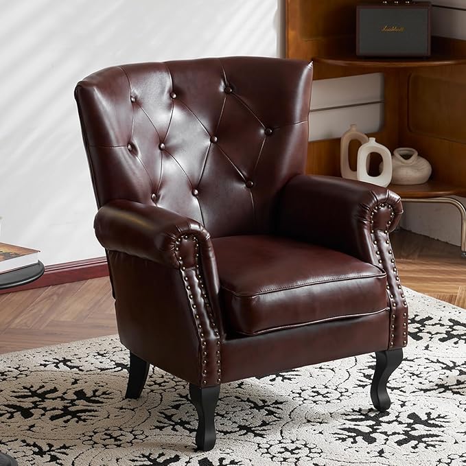 Modern Faux Leather Accent Chair Upholstered Mid-Century Armchair with Solid Wood Legs Single Sofa Chair for Living Room Bedroom or Reading Room（Reddish Brown）