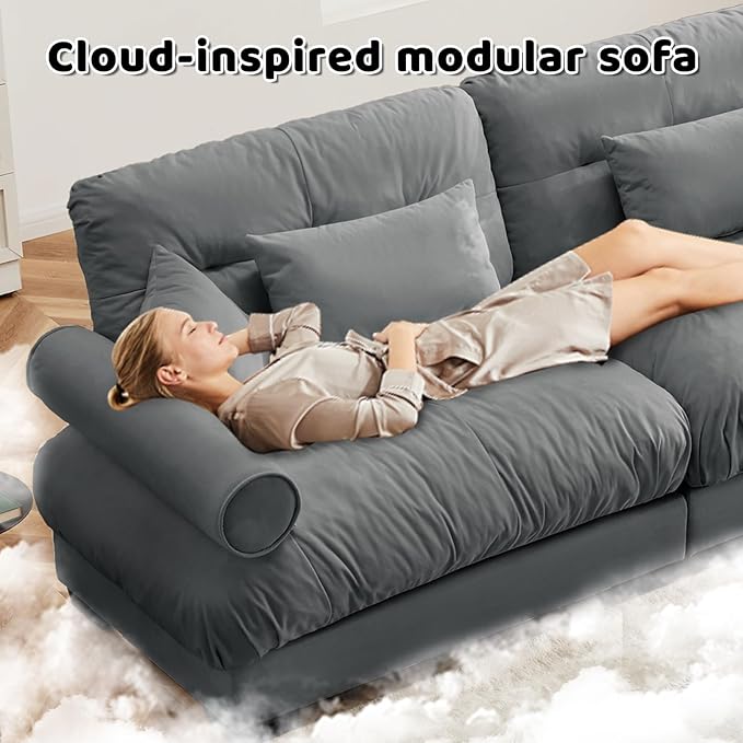 130 Large Sectional Couches for Living Room Cloud Modern Modular Deep Seat Sofa Set Comfy Couches with 2 Ottomans Velvet Fluffy 3 Seater Sofas for Bedroom Apartment U Shaped Grey