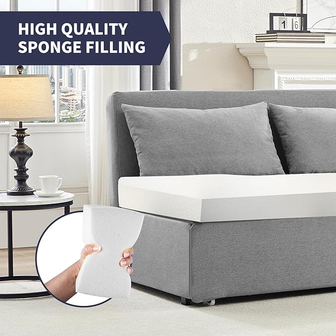 2 in 1 Pull Out Sofa Bed Queen Size Small Convertible Sleeper Sofa Couch Linen Folding Guest Bed with Wheels and Cushions Pillow Futon Sofas Couch Beds for Bedroom Office Lounge - Light Grey