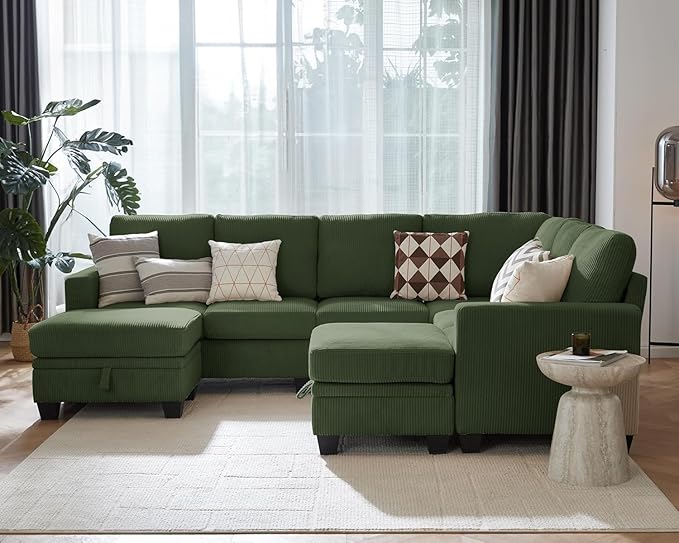 CHIC HOUSE Modular Sectional Couch| Corduroy L Shaped Sleeper Sofa U-Shape Sofa Bed Convertible Chaise with Storage Ottoman for Living Room Modern Furniture (8 Seater L-Shaped Green)