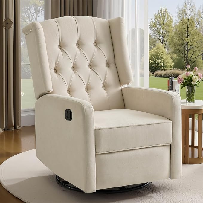 ABAKAN Swivel Rocker Recliner Chair 360 Degree Nursery Rocking Recliner Linen Glider Chair with Button Tufted Wingback Chair for Living Room BedroomAsh Beige