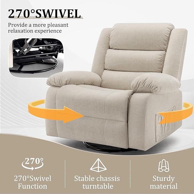 Power Recliner Chair Electric Rocker Recliner with Massage and Heat 270° Swivel Glider Oversized Wide Seat with USB Port Cashmere Nursery Chair for Living Room Beige