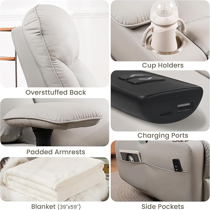 GRAINELL Rocking Chair Nursery Electric Swivel Recliner Glider with Adjustable Armrests Nursing Chair with USB Charger Cup &amp Blanket HoldersGrey PU Leather