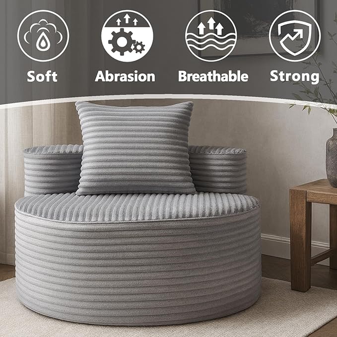 45 Oversized Round Chair Boneless Reading Chair with Comfy Pillow for Living Room Circle Cloud Chair for AdultsCorduroy Memory Foam Large Seat No Assembly Required (Grey)