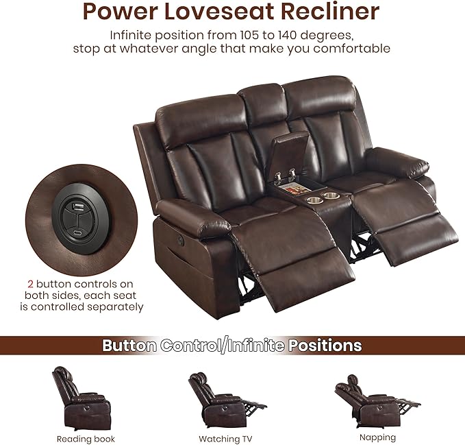 Power Reclining Loveseat with Console 70.9 Faux Leather Loveseat Recliner with Heat &amp Massage Double RV Recliner Sofa with Cup Holders USB &amp Type-C Ports Storage Pocket