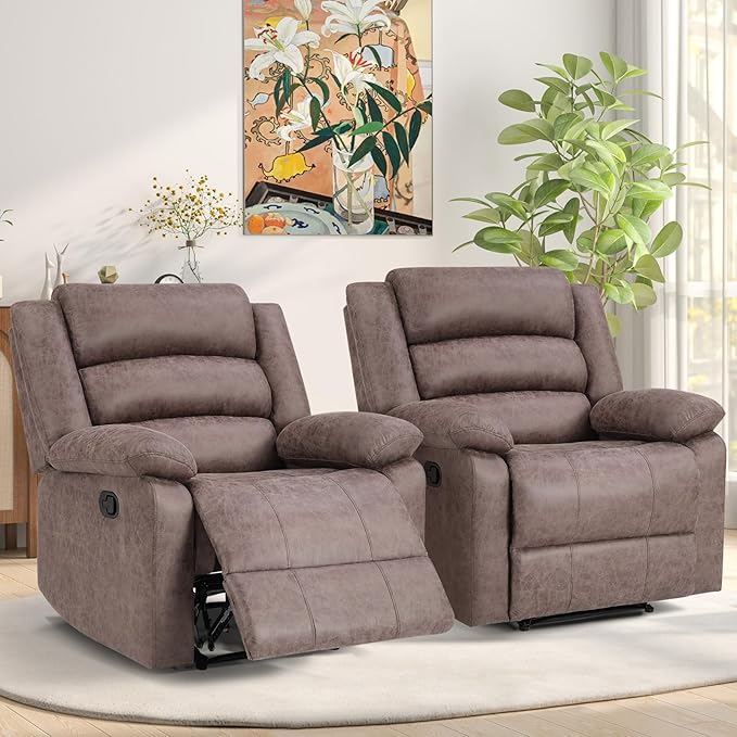ANJ Recliner Chairs Set of 2Manual Recliner Chairs Overstuffed Breathable Faux Leather Reclining Seating with Arm &amp Back Support Comfortable Living Room Recliners for Reading &amp Relaxation