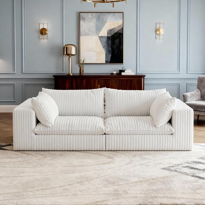 78.8 Modular Cloud Loveseat Couch Corduroy Boneless Couch with Foam &amp Removable Cushion Modern Lounge Sofa in a Box No Assembly Required Upholstered Sofa for Living Room (White)