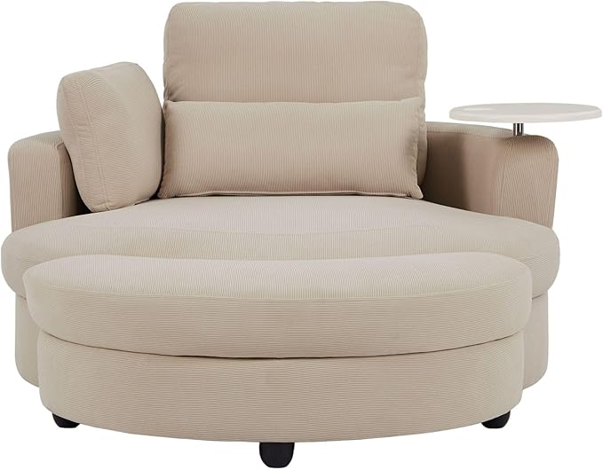 DEINPPA Swivel Accent Chair with Armrest Tray Round Barrel Chairs with Ottoman for Living Room Bedroom-Corduroy Fabric-Beige