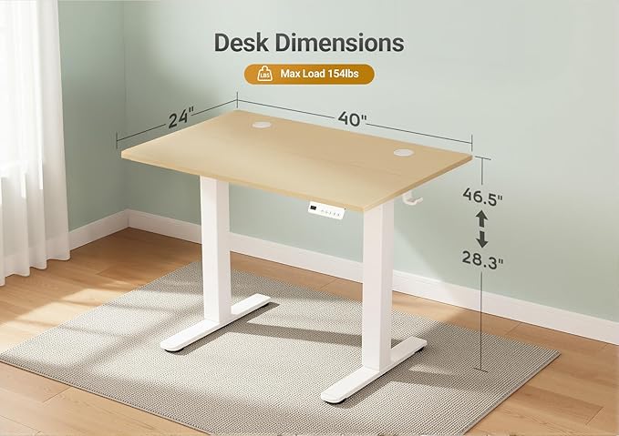 Seang Electric Height Adjustable Standing Desk 40 x 24 Inch Sit-Stand Workstation with T-Style Frame 3 Memory Height Options &amp Built-in Cable Management for Home Office White Frame/Nature Top
