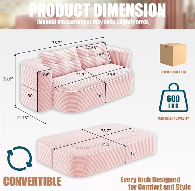 78.7-inch Folding futon Sofa BedConvertible Sleeper Couch BedComfy Memory Sponge Double Sofa Mattress for Living Room(Pink+Blanket) | No Assembly Boneless Skin-Friendly Corduroy breathable mater
