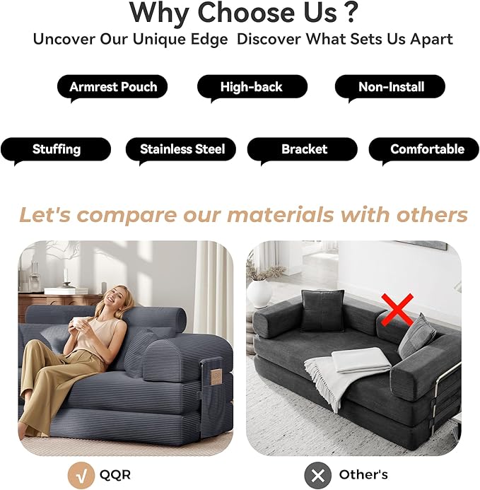 Upgrade High Backrest Design Sofa Bed with Fixed-Shape Frame &amp Removable Armrests and Backrest Corduroy Fabric Convertible Couch for Small Spaces - No Assembly Needed (High Backrest Dark Gray)