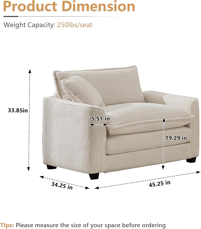 mikibama Luxury Modular Sectional Sofa Chair 45 Inch Modern Corduroy Comfy Cloud Couches for Living Room Office Bedroom Deep Sofa Chair with 1 Toss Pillows Beige