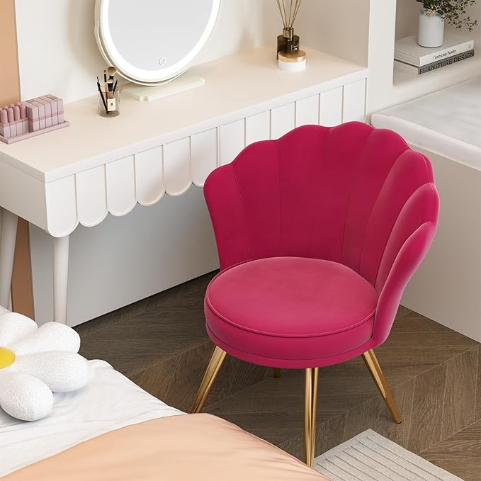 Velvet Accent Chair with Gold Metal Legs Vanity Chair for Makeup Room Upholstered Guest Chair for Living Room Side-Chair for Bedroom Fushia