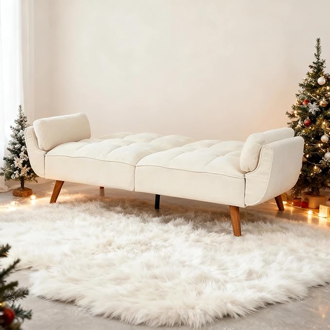Convertible Futon Sofa Bed Modern Futon Couch with 2 Pillows Small Futons Couch with Adjustable Armrest &amp Backrest Loveseat Sofa Bed for Living Room Bedroom Beige