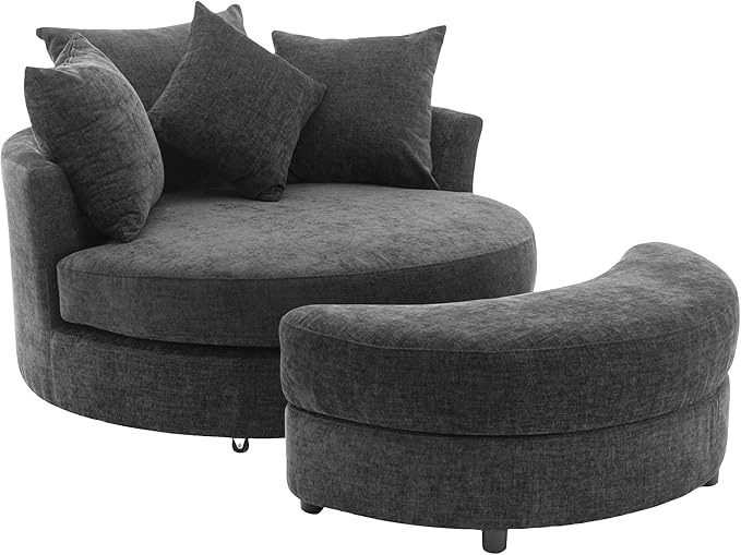 360° Swivel Accent Barrel Chair with Storage Ottoman Modern Linen Leisure Chair Round Accent with 4 Pillows Metal Base Bucket Design Leisure Chair for Living Room (Gray * Ottoman)