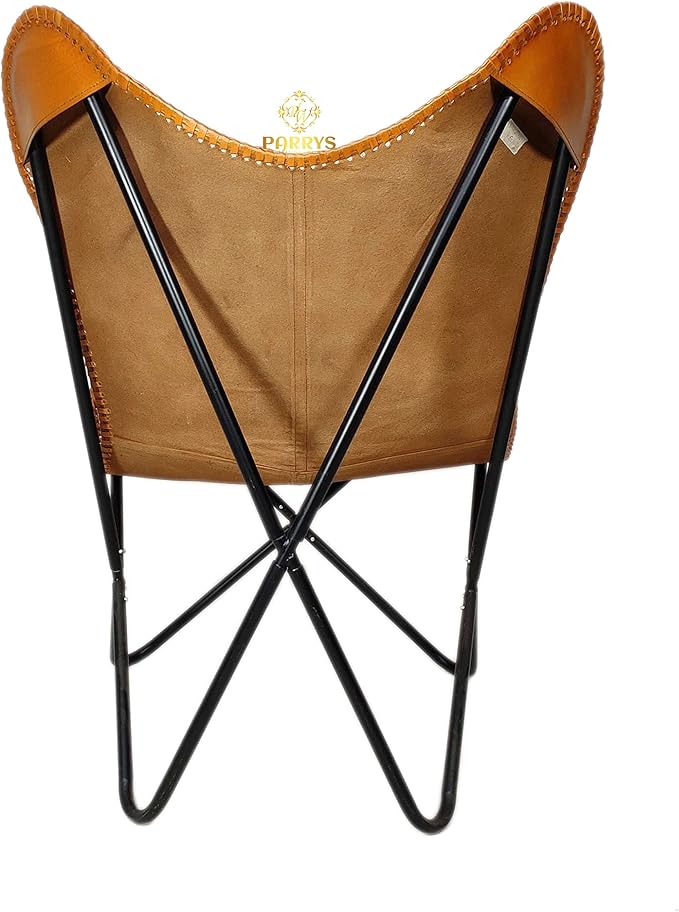 Parry Leather Butterfly Chair for Living Room - Handcrafted Brown Buffalo Leather Foldable Powder Coated Iron Frame Relaxing Chair for Home Decor Lounge Accent Outdoor Indoor