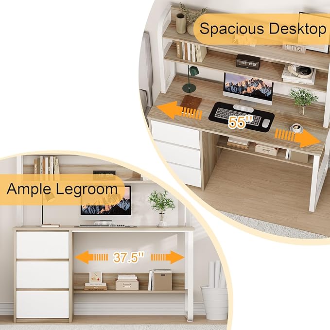 Computer Desk with 3 Drawers and Shelves 55 Inch Desk with Hutch for Small Spaces Study Writing Desk with Shelves for Bedrrom Adjustable Feet Walnut