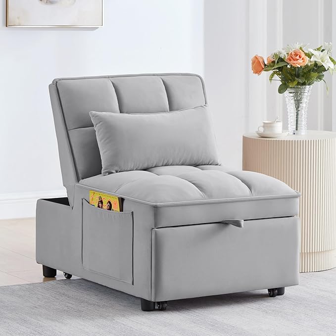 4 in 1 Multi-Function Single Sofa Bed Pull Out Couch with Adjust Backrest Tufted Single Pull-Out Sofa Bed with Storage Pockets and 2 Pillows Velvet Chaise Lounge for Bedroom Living Room (Gray)