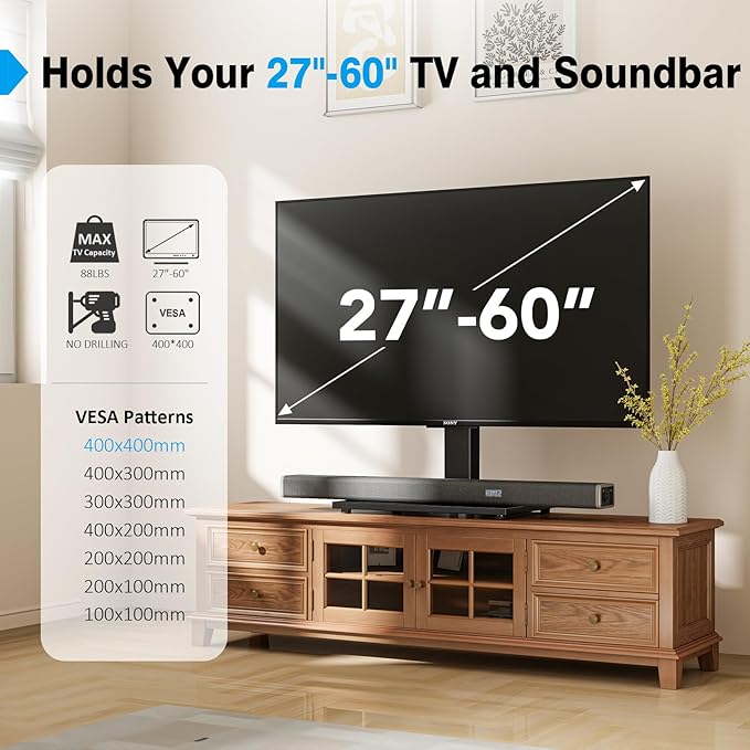 Universal TV Stand - Table Top TV Stand for 27-60 inch LCD LED TVs - 9 Level Height Adjustable TV Base Stand with Tempered Glass Base &amp Wire Management VESA 400x400mm