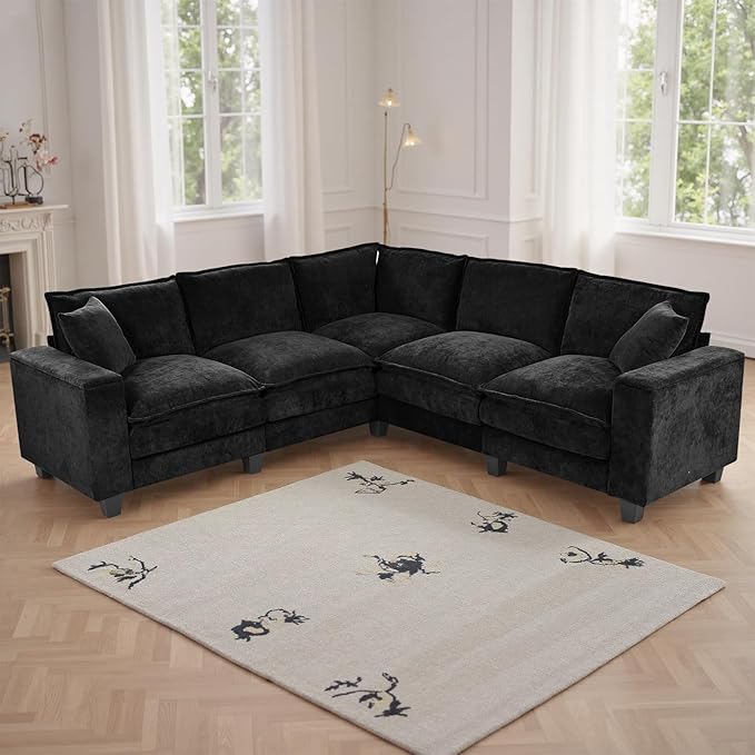 97 5 Seater L Shaped Couch Corner Sofa Oversized Cloud Couch with 2 Pillows Chenille Modular Sectional Sofa Armrests with Two Hidden Storage Space Sectional Couches for Living Room Black