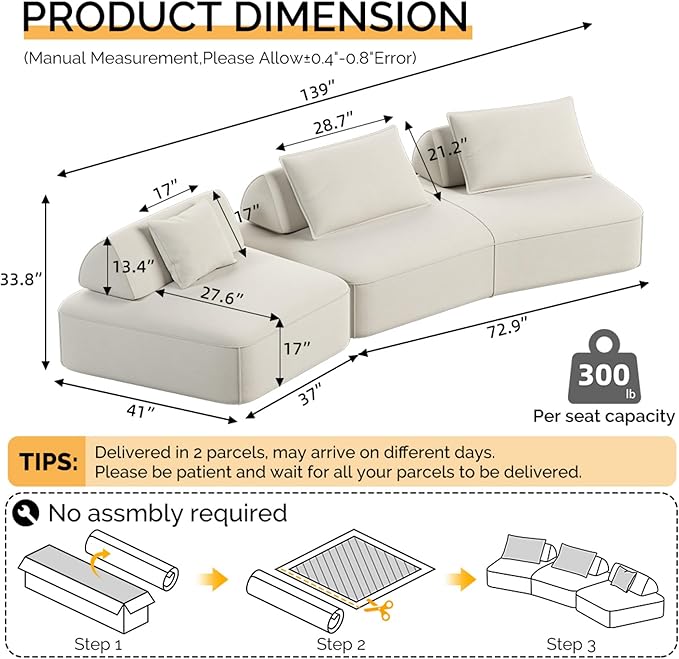 139 Oversized Modular Sectional Sofa Set Chenille Cloud Boneless Couch with Removable Backrests &amp Soft Pillows No Assembly Required DIY Upholstered Sofa Bed for Living Room (Beige)