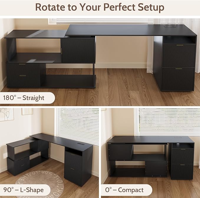 L-Shaped Desk with Drawers &amp Power Outlet 180 Rotating Corner Computer Desk with Storage 66 Inch Office Desk with 5-Drawer Space-Saving Modern L-Shaped Workstation for Home Office