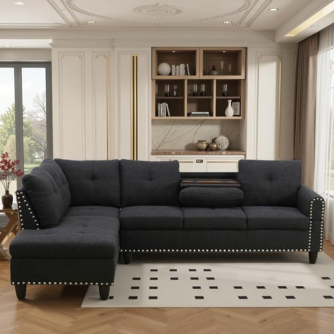 FONTOI L Shaped Sectional Couch Sofa 4-Seat Modern Sectional Sofa with Cup Holders &amp Nail-Head Trim – PU Leather L-Shaped Couch for Living Room Bedroom Apartment Black B