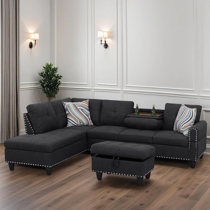 FONTOI L Shaped Sectional Couches for Living Room Modular 4 Seat Sofa with Ottoman Storage Modern Couch with Chaise for Bedroom Apartment Furniture Black