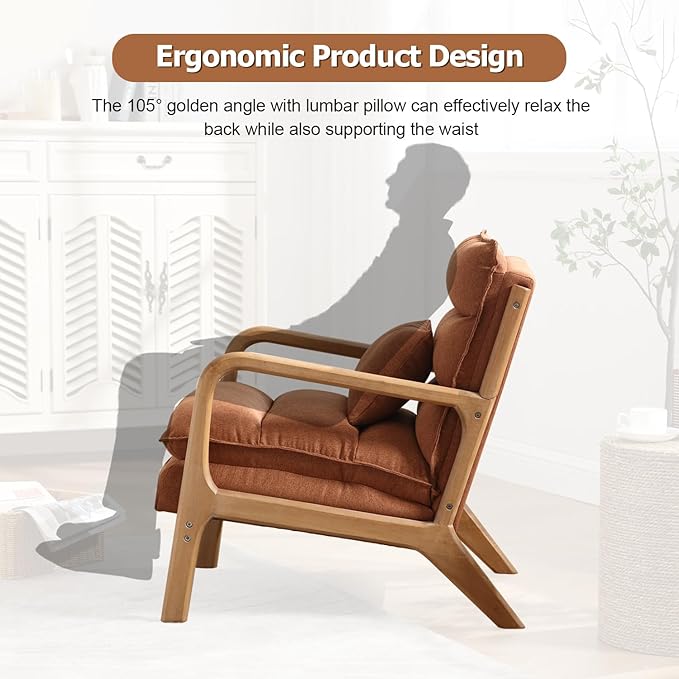 INZOY Accent Chairs Set of 2 Mid Century Modern Accent Chair with Wood Frame Upholstered Reading Armchair with Waist Cushion Side Chair for Living Room Bedroom Office Easy Assembly Brown
