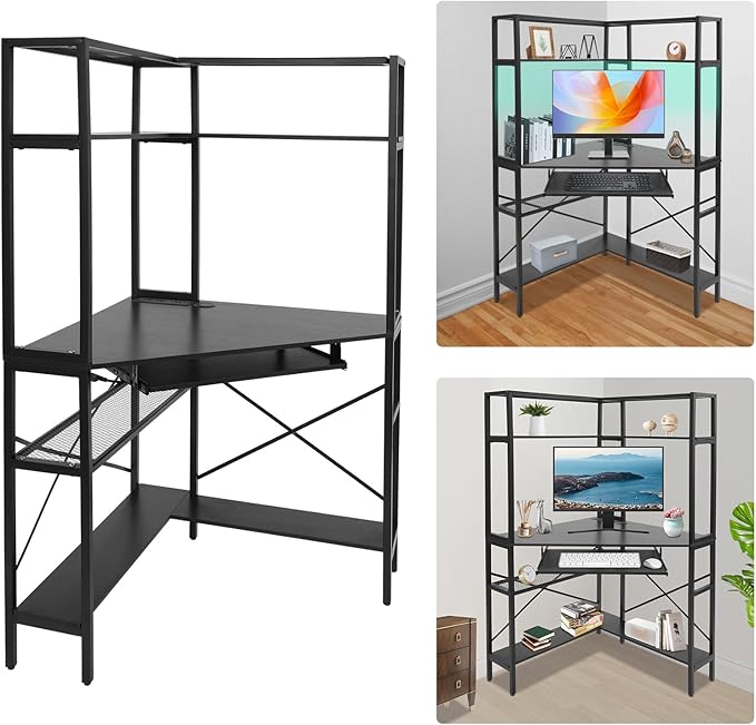 Corner Desk Triangle Corner Computer Desk with Keyboard Tray and USB Ports Small Computer Desk with Hutch and LED Lights ComputerDesk for Small Space Home Office Desk Black