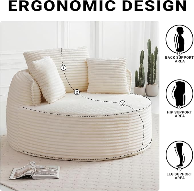 54-inch Oversized Round Chaise Longue Chair Indoor Modern Upholstered Corduroy Deep Seat Circle Cloud Chair Single Boneless Reading Chair for Living Room Bedroom Apartment Yellow