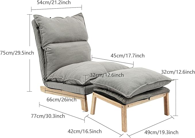 Single Lazy Leisure Chair Adjustable Recliner Balcony Reclining Japanese Tatami Chair with Ottoman Floor Seating Lounge Chair with Backrest and Footrest Upholstered Chair for Living Bedroom (Grey)
