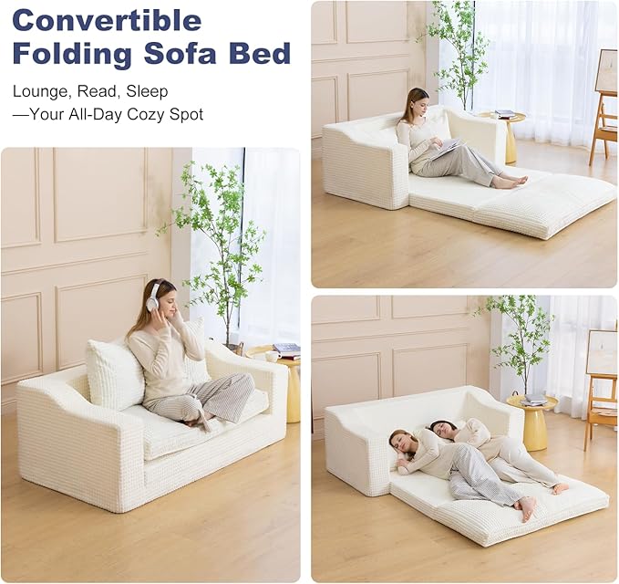 Loveseat Oversized Folding Sofa Bed Convertible Sleeper Chair Bed with Pillows &amp Wide Armrest Comfortable Floor Couch for Living Room &amp Bedroom(White) | Foldable