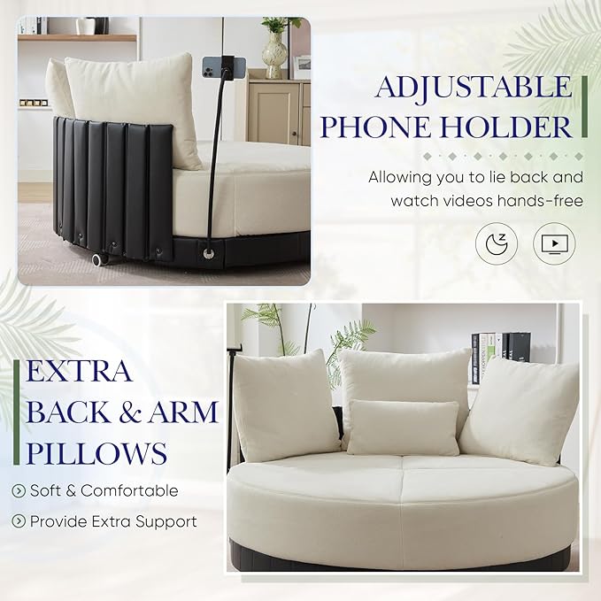SLEERWAY Oversized Round Swivel Accent Chair Large Circle Barrel Chair and A Half Comfy Upholstered Lazy Sofa Couch with Phone Stand/Wheels Chaise Lounge Daybed for Living Room Bedroom Beige