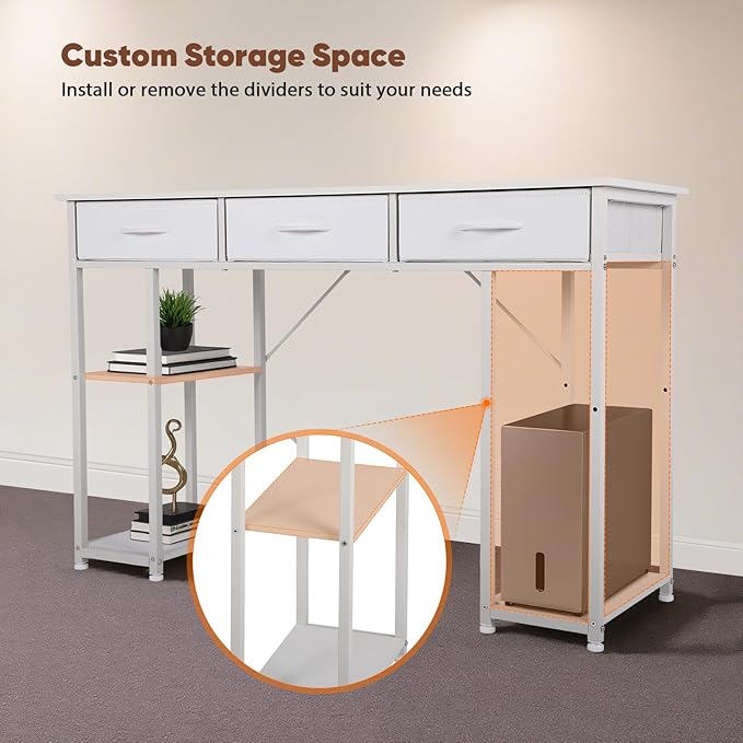 FAHKNS 47 Inch Computer Desk with 3 Fabric Drawers Small Computer Table with 4 Storage Shelves Minimalist Style Home Office Desk for Working Studying and Writing White