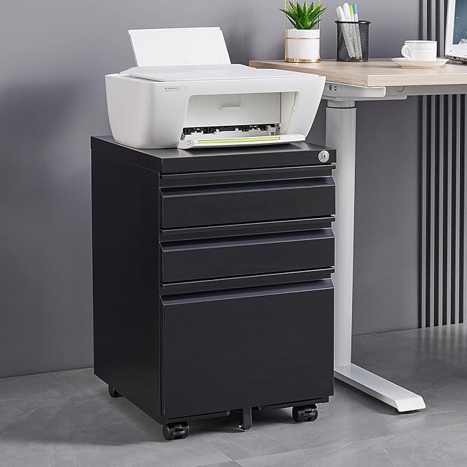 3 Drawer Mobile File Cabinet Under Desk Office with Lock Metal Filing Cabinet to be Installation Required Under Desk Metal Filing Cabinets Legal/Letter/A4 File (Black)