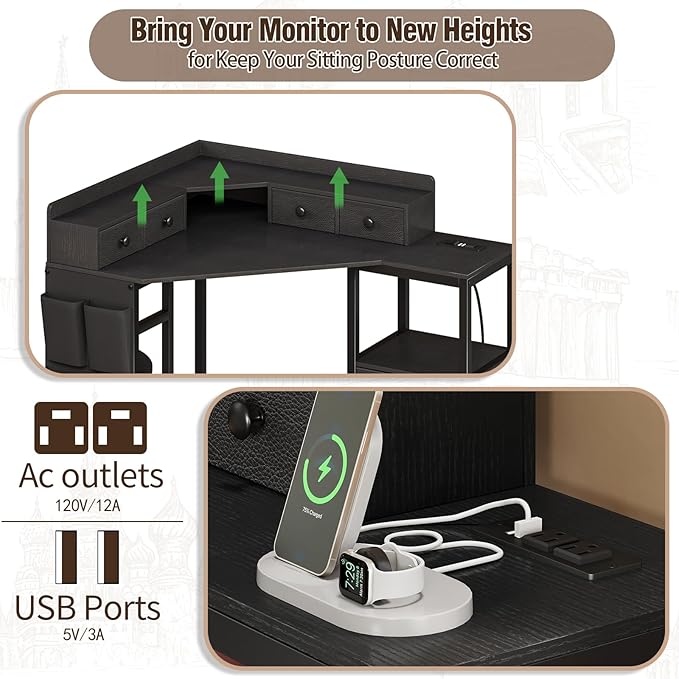 Corner Desk with 6 Drawers Shelves for Small Space Computer Desk with Power OutletsGaming Desk with Printer Monitor Stand Storage for Home Office Workstation Writing Table (Black 31.5)