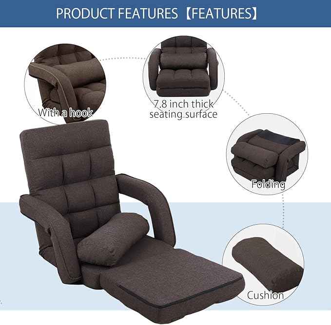 FLOGUOR 42-Position Adjustable Floor Chair Chaise Lounge Indoor Folding Lazy Sofa with Armrests and a Pillow Padded Adults Gaming Chairs for Living Room Bedroom Factory Price 8803XM (Brown)