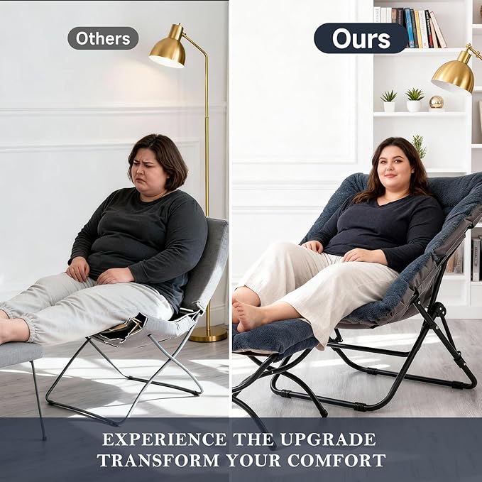 Saucer Chair with Ottoman Comfy Doorm Chairs Oversized Folding Faux Fur Chair Foldable Metal Frame Chair for Bedroom Living Room(Navy Blue)