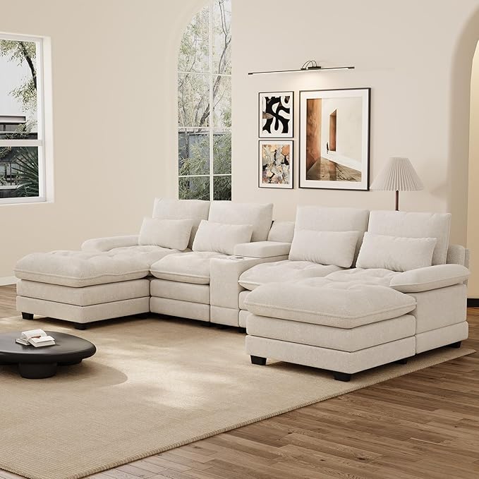 134 Oversized Beige Sectional Couches for Living Room with Glitter Fabric Fluffy Couch with Chaise Lounge&ampTufted Buttons U Shaped Sofa Set Chenille 6 Seater Couch with 2 Ottoman &amp Storage