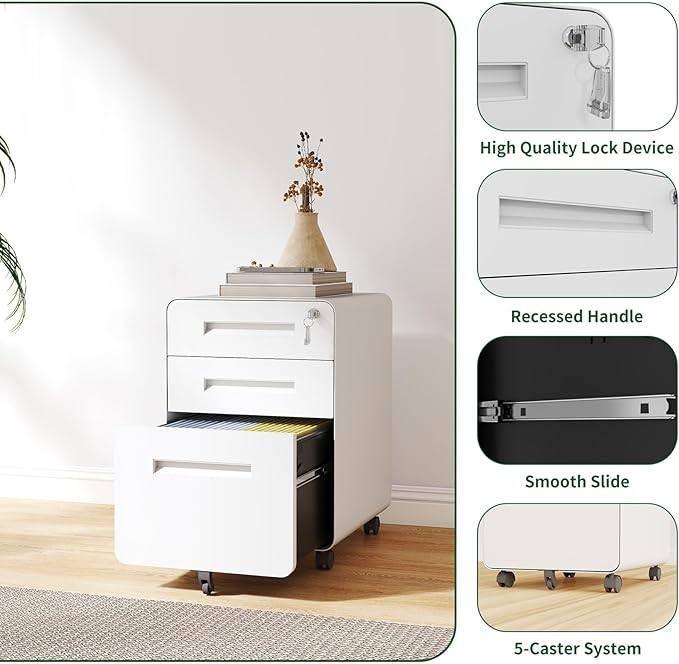 3 Drawer Filing Cabinet Lockable Metal File Cabinet Mobile File Cabinets for Home Office Under Desk Cabinets for Organizer A4/Letter/Legal Fully Assembled (White 2)