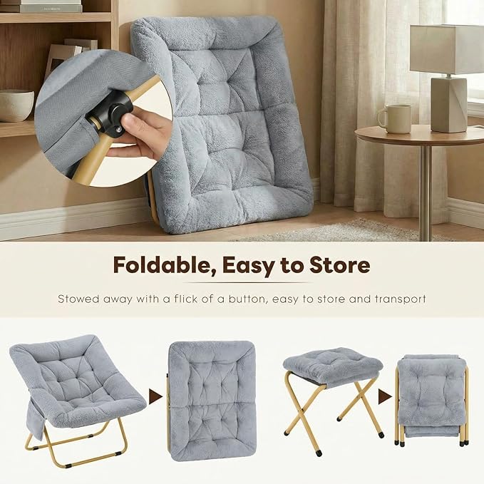 Folding Saucer Chair Comfy Reading Chair with Ottoman Plush Faux Fur Lounge Chair for Small Space Bedroom Dorm Living Room X-Large Lazy Chair for Adults Teens Kids